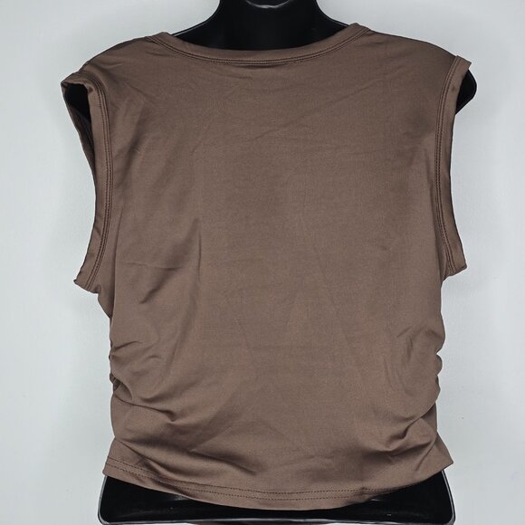 JS Jinkesi Women Large Brown Draped Cowl Neck Shirt Top Blouse Sleeveless Ruched - Picture 4 of 6